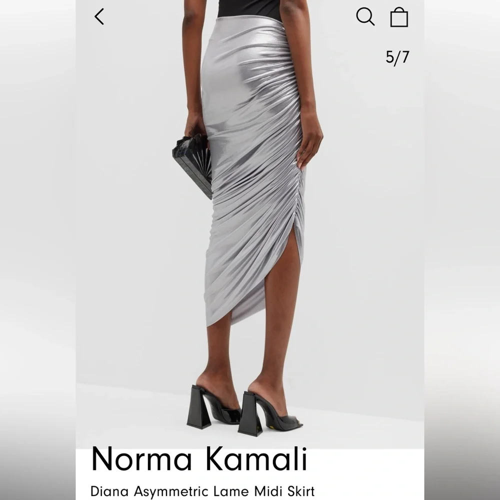 Norma Kamali NWT Diana shirred knee length skirt silver lame S. - Picture 4 of 6